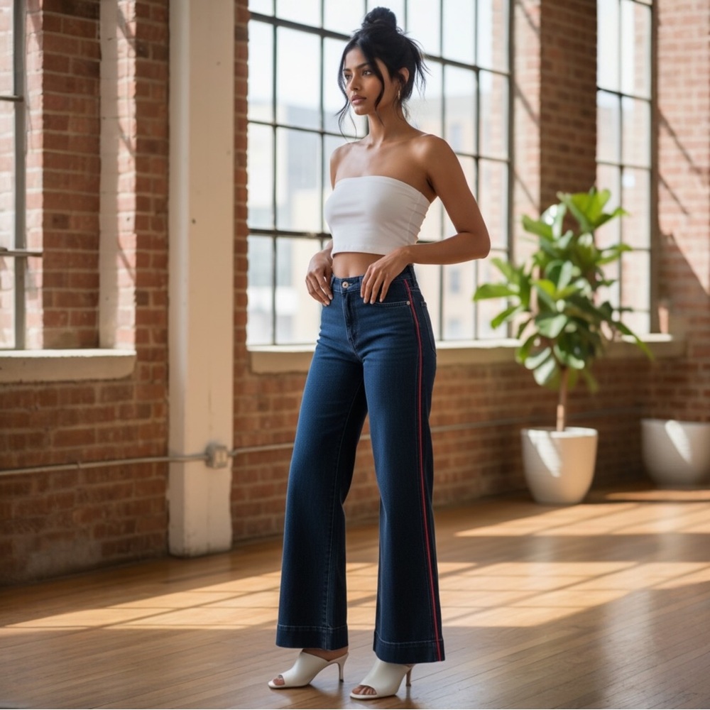 LAUREN Jean Company Dark Blue High-Waist Wide Leg Jeans with Red Stripe